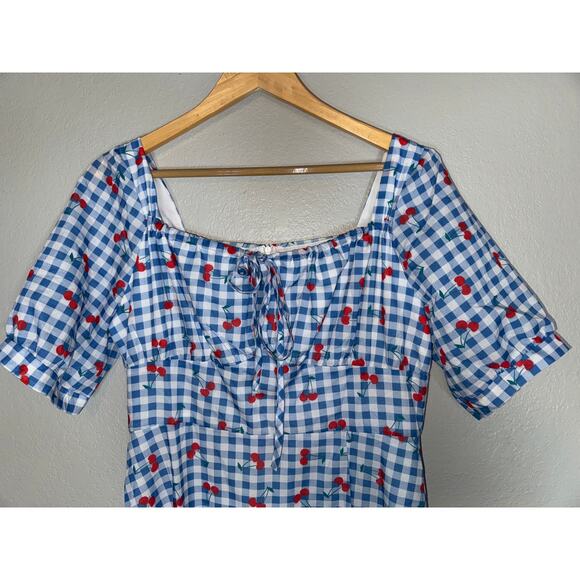 NEW Gingham Plaid Cherry Print Pink Dress Large Twee Kawaii Kidcore Cute Cutey - Picture 3 of 7